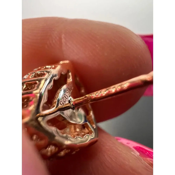 Morganite and zircon trillion halo rose gold over sterling stud earrings - Picture 9 of 10